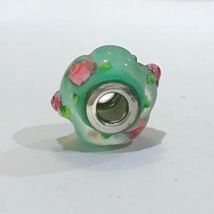 Pandora Bead: Green Bead with Pink Roses